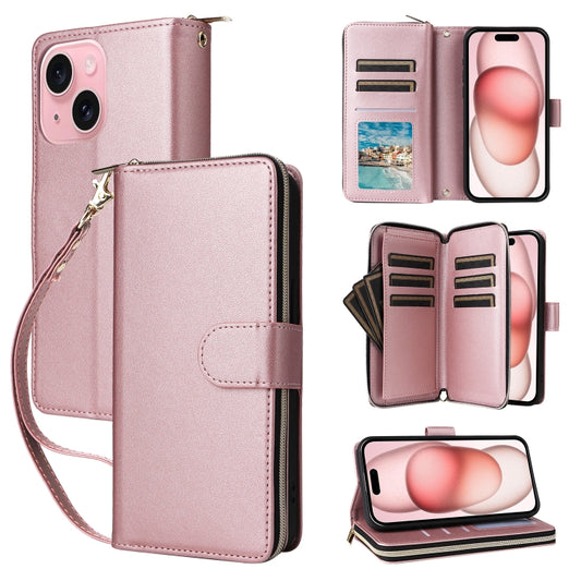For iPhone 15 Nine-card Slots Zipper Wallet Bag Leather Phone Case(Rose Gold) - iPhone 15 Cases by buy2fix | Online Shopping UK | buy2fix