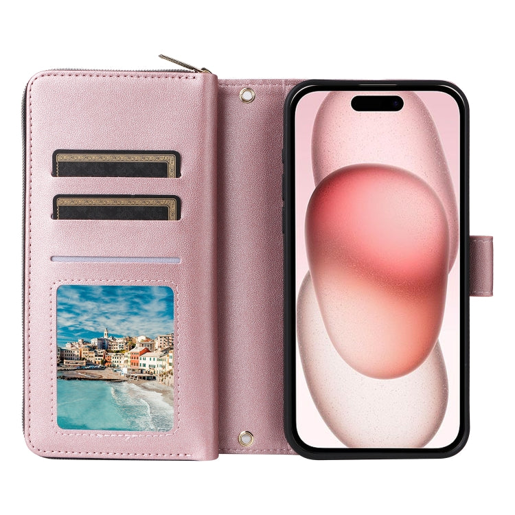 For iPhone 15 Nine-card Slots Zipper Wallet Bag Leather Phone Case(Rose Gold) - iPhone 15 Cases by buy2fix | Online Shopping UK | buy2fix