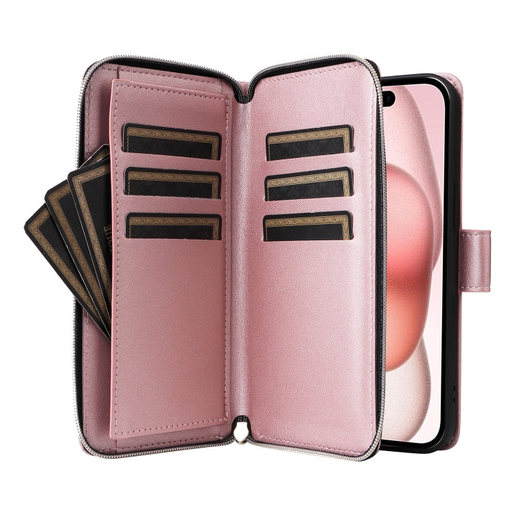 For iPhone 15 Nine-card Slots Zipper Wallet Bag Leather Phone Case(Rose Gold) - iPhone 15 Cases by buy2fix | Online Shopping UK | buy2fix
