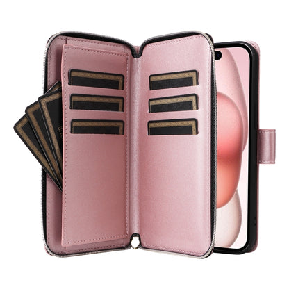 For iPhone 15 Nine-card Slots Zipper Wallet Bag Leather Phone Case(Rose Gold) - iPhone 15 Cases by buy2fix | Online Shopping UK | buy2fix