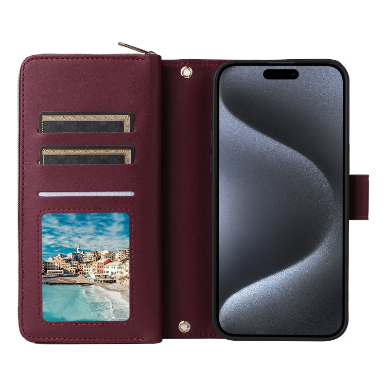 For iPhone 15 Pro Nine-card Slots Zipper Wallet Bag Leather Phone Case(Wine Red) - iPhone 15 Pro Cases by buy2fix | Online Shopping UK | buy2fix