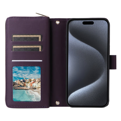 For iPhone 15 Pro Nine-card Slots Zipper Wallet Bag Leather Phone Case(Dark Purple) - iPhone 15 Pro Cases by buy2fix | Online Shopping UK | buy2fix