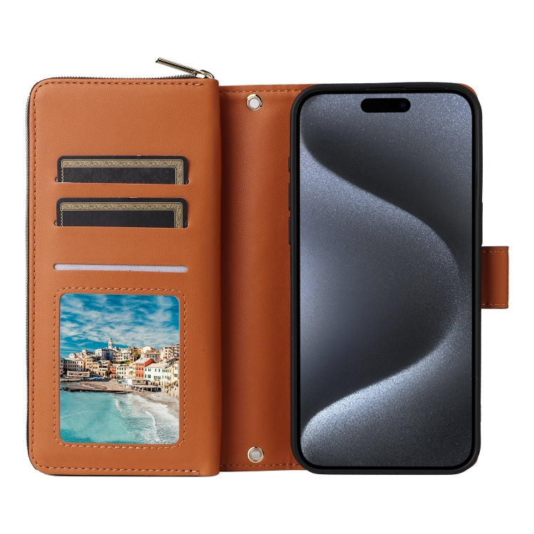 For iPhone 15 Pro Nine-card Slots Zipper Wallet Bag Leather Phone Case(Brown) - iPhone 15 Pro Cases by buy2fix | Online Shopping UK | buy2fix