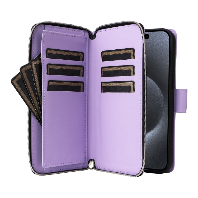 For iPhone 15 Pro Max Nine-card Slots Zipper Wallet Bag Leather Phone Case(Light Purple) - iPhone 15 Pro Max Cases by buy2fix | Online Shopping UK | buy2fix
