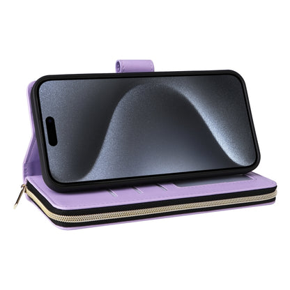 For iPhone 15 Pro Max Nine-card Slots Zipper Wallet Bag Leather Phone Case(Light Purple) - iPhone 15 Pro Max Cases by buy2fix | Online Shopping UK | buy2fix