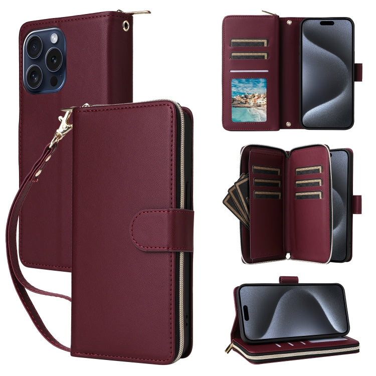 For iPhone 15 Pro Max Nine-card Slots Zipper Wallet Bag Leather Phone Case(Wine Red) - iPhone 15 Pro Max Cases by buy2fix | Online Shopping UK | buy2fix