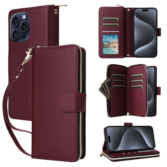 For iPhone 15 Pro Max Nine-card Slots Zipper Wallet Bag Leather Phone Case(Wine Red) - iPhone 15 Pro Max Cases by buy2fix | Online Shopping UK | buy2fix