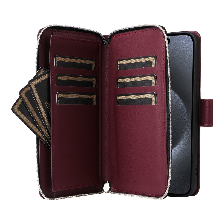 For iPhone 15 Pro Max Nine-card Slots Zipper Wallet Bag Leather Phone Case(Wine Red) - iPhone 15 Pro Max Cases by buy2fix | Online Shopping UK | buy2fix