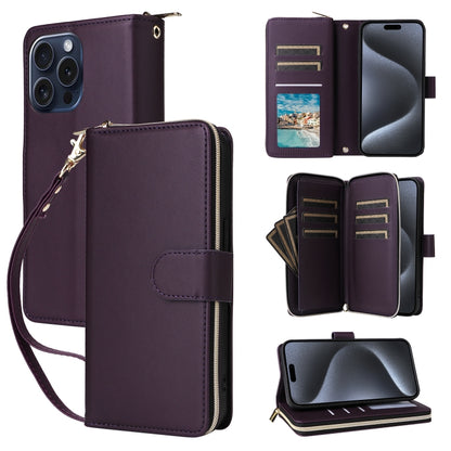 For iPhone 15 Pro Max Nine-card Slots Zipper Wallet Bag Leather Phone Case(Dark Purple) - iPhone 15 Pro Max Cases by buy2fix | Online Shopping UK | buy2fix