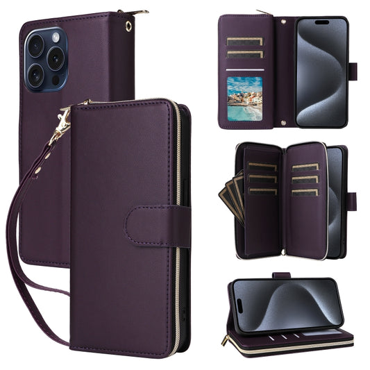 For iPhone 15 Pro Max Nine-card Slots Zipper Wallet Bag Leather Phone Case(Dark Purple) - iPhone 15 Pro Max Cases by buy2fix | Online Shopping UK | buy2fix