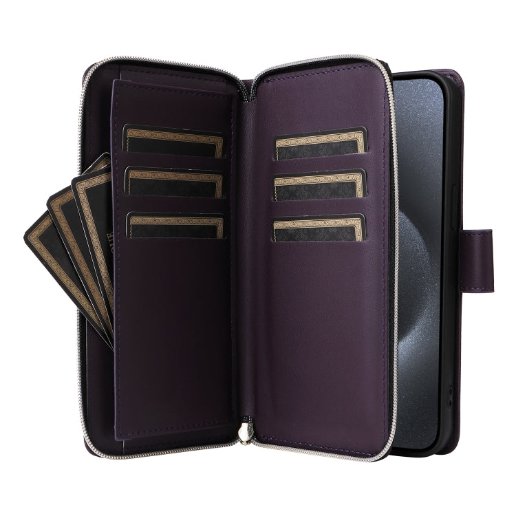 For iPhone 15 Pro Max Nine-card Slots Zipper Wallet Bag Leather Phone Case(Dark Purple) - iPhone 15 Pro Max Cases by buy2fix | Online Shopping UK | buy2fix
