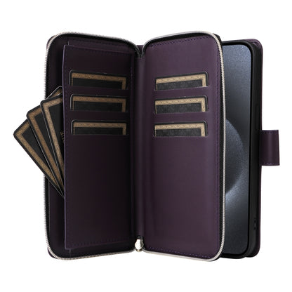 For iPhone 15 Pro Max Nine-card Slots Zipper Wallet Bag Leather Phone Case(Dark Purple) - iPhone 15 Pro Max Cases by buy2fix | Online Shopping UK | buy2fix