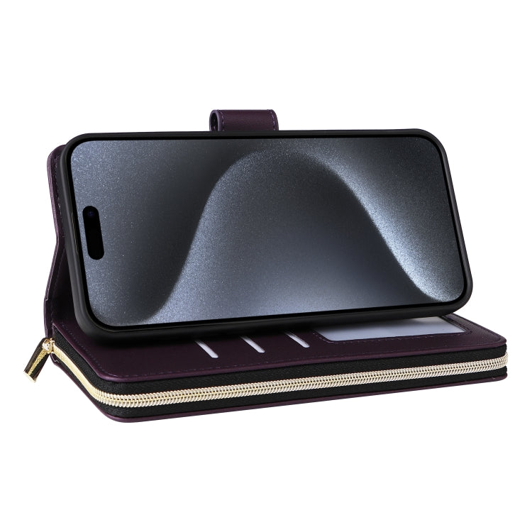 For iPhone 15 Pro Max Nine-card Slots Zipper Wallet Bag Leather Phone Case(Dark Purple) - iPhone 15 Pro Max Cases by buy2fix | Online Shopping UK | buy2fix