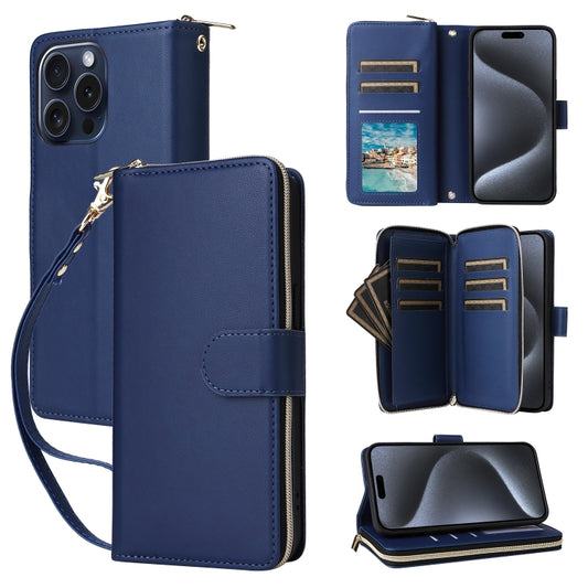 For iPhone 15 Pro Max Nine-card Slots Zipper Wallet Bag Leather Phone Case(Blue) - iPhone 15 Pro Max Cases by buy2fix | Online Shopping UK | buy2fix