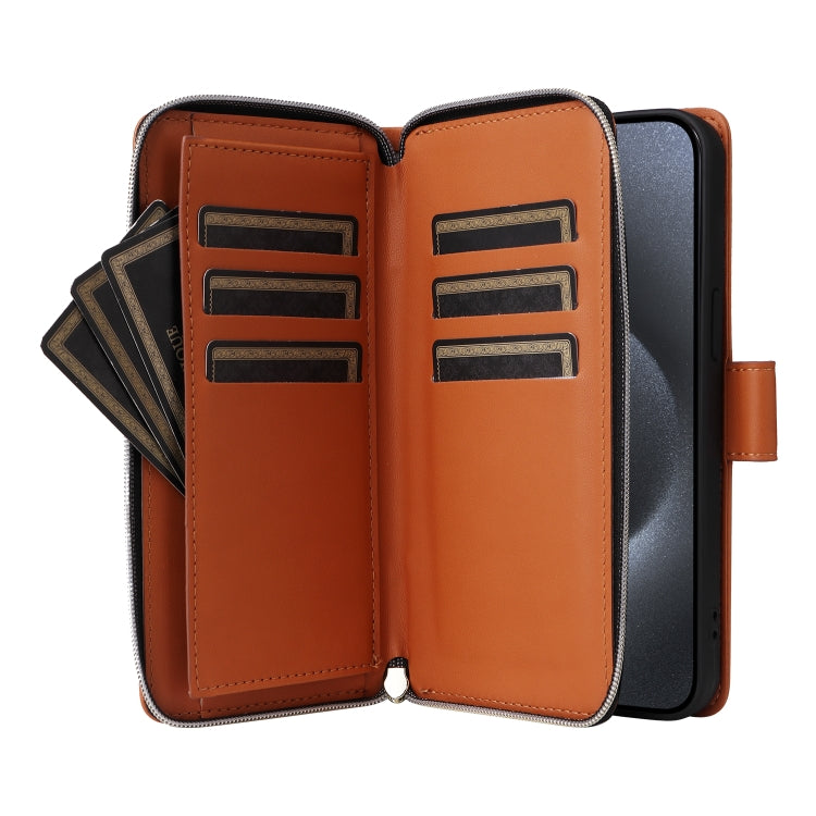 For iPhone 15 Pro Max Nine-card Slots Zipper Wallet Bag Leather Phone Case(Brown) - iPhone 15 Pro Max Cases by buy2fix | Online Shopping UK | buy2fix