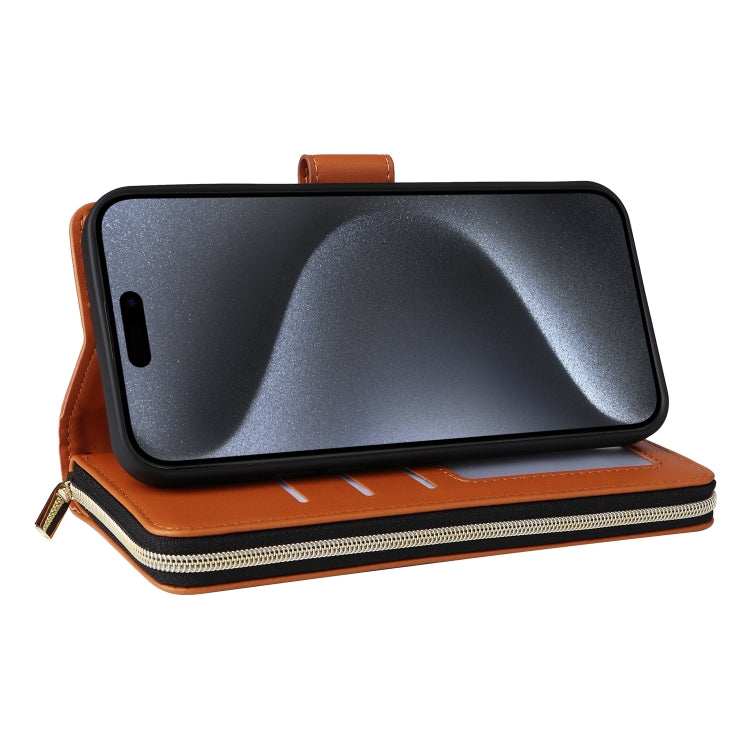 For iPhone 15 Pro Max Nine-card Slots Zipper Wallet Bag Leather Phone Case(Brown) - iPhone 15 Pro Max Cases by buy2fix | Online Shopping UK | buy2fix