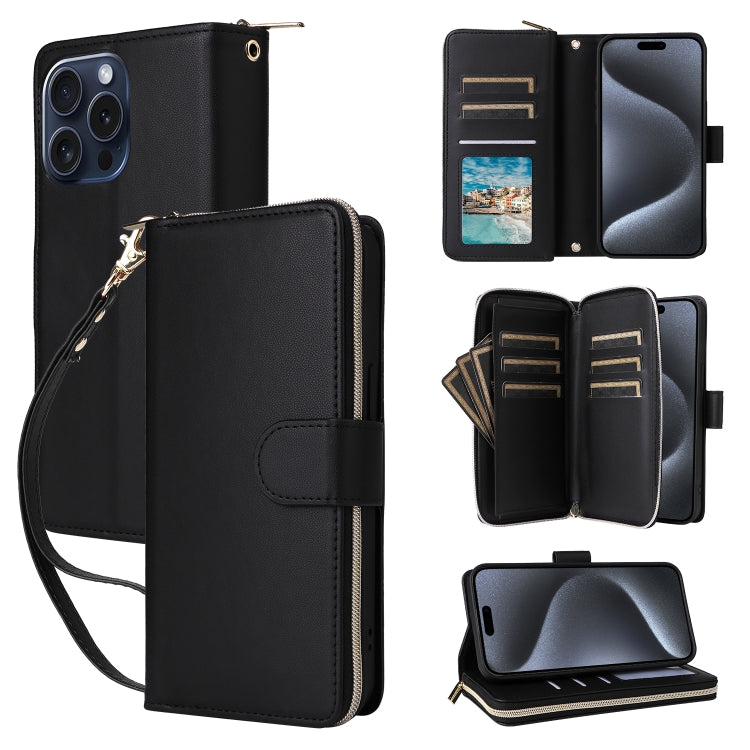 For iPhone 15 Pro Max Nine-card Slots Zipper Wallet Bag Leather Phone Case(Black) - iPhone 15 Pro Max Cases by buy2fix | Online Shopping UK | buy2fix