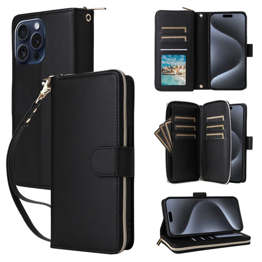 For iPhone 15 Pro Max Nine-card Slots Zipper Wallet Bag Leather Phone Case(Black) - iPhone 15 Pro Max Cases by buy2fix | Online Shopping UK | buy2fix