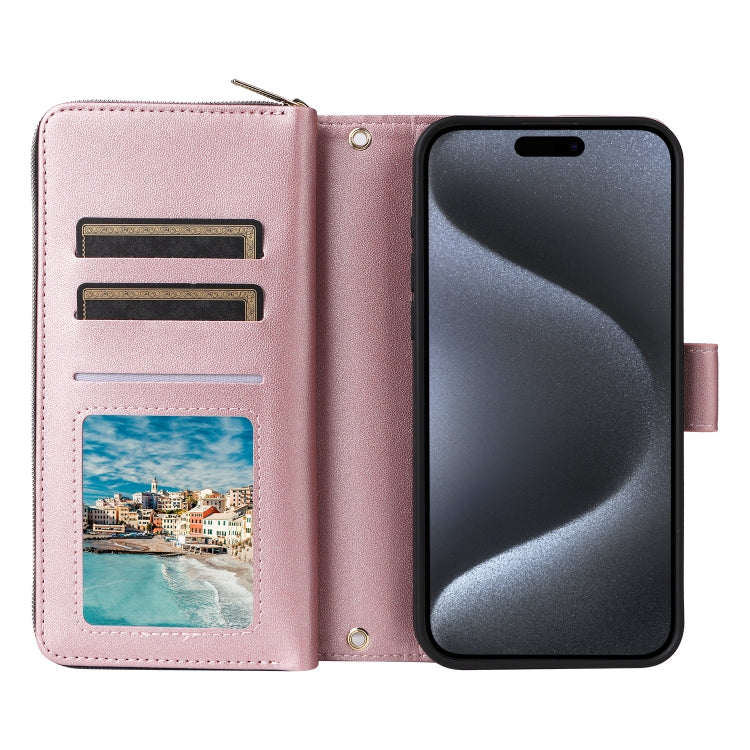 For iPhone 15 Pro Max Nine-card Slots Zipper Wallet Bag Leather Phone Case(Rose Gold) - iPhone 15 Pro Max Cases by buy2fix | Online Shopping UK | buy2fix