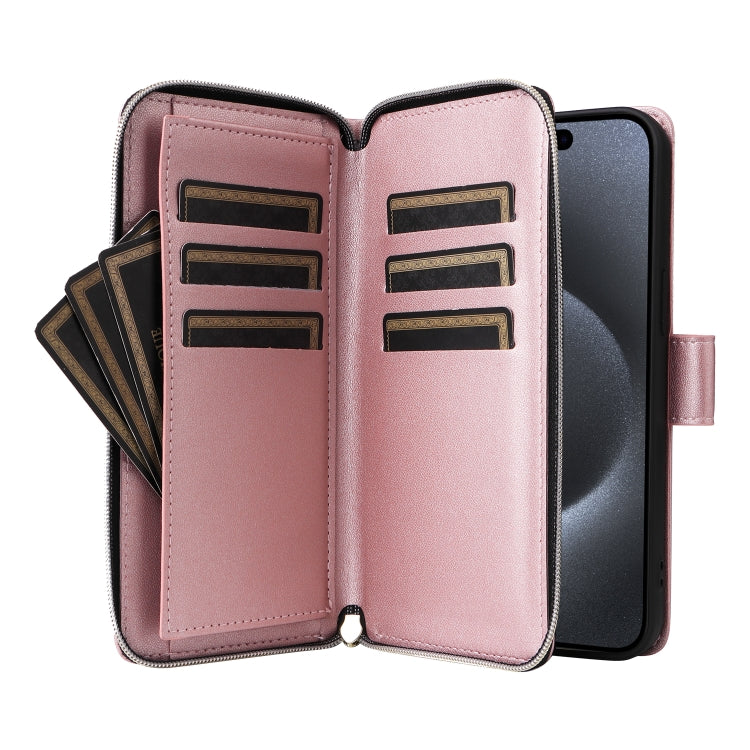 For iPhone 15 Pro Max Nine-card Slots Zipper Wallet Bag Leather Phone Case(Rose Gold) - iPhone 15 Pro Max Cases by buy2fix | Online Shopping UK | buy2fix