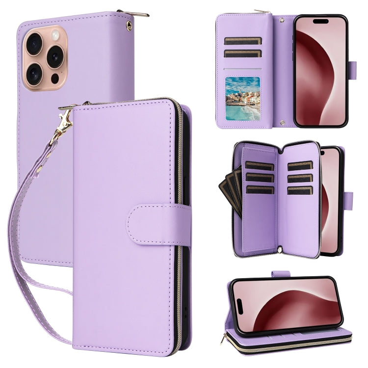 For iPhone 16 Pro Nine-card Slots Zipper Wallet Bag Leather Phone Case(Light Purple) - iPhone 16 Pro Cases by buy2fix | Online Shopping UK | buy2fix