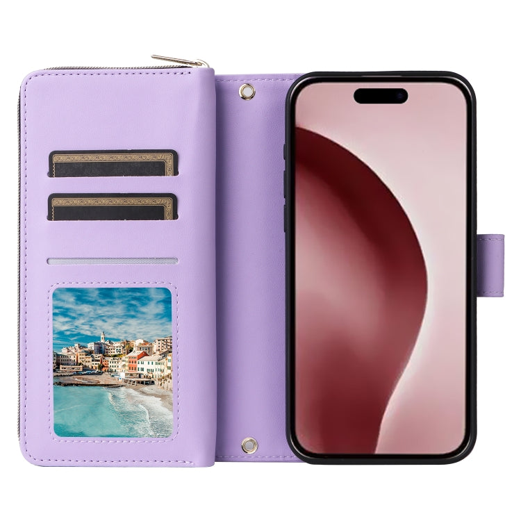For iPhone 16 Pro Nine-card Slots Zipper Wallet Bag Leather Phone Case(Light Purple) - iPhone 16 Pro Cases by buy2fix | Online Shopping UK | buy2fix