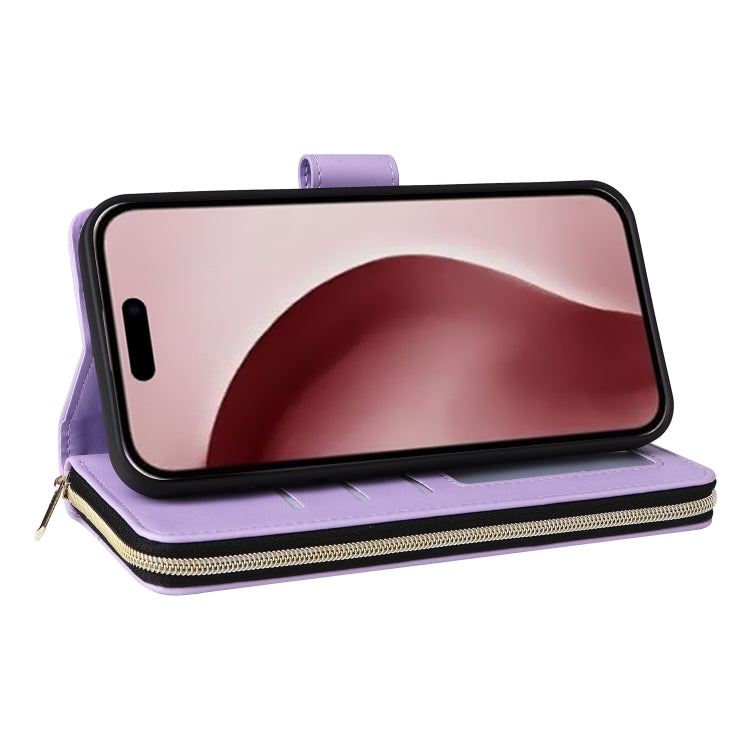 For iPhone 16 Pro Nine-card Slots Zipper Wallet Bag Leather Phone Case(Light Purple) - iPhone 16 Pro Cases by buy2fix | Online Shopping UK | buy2fix