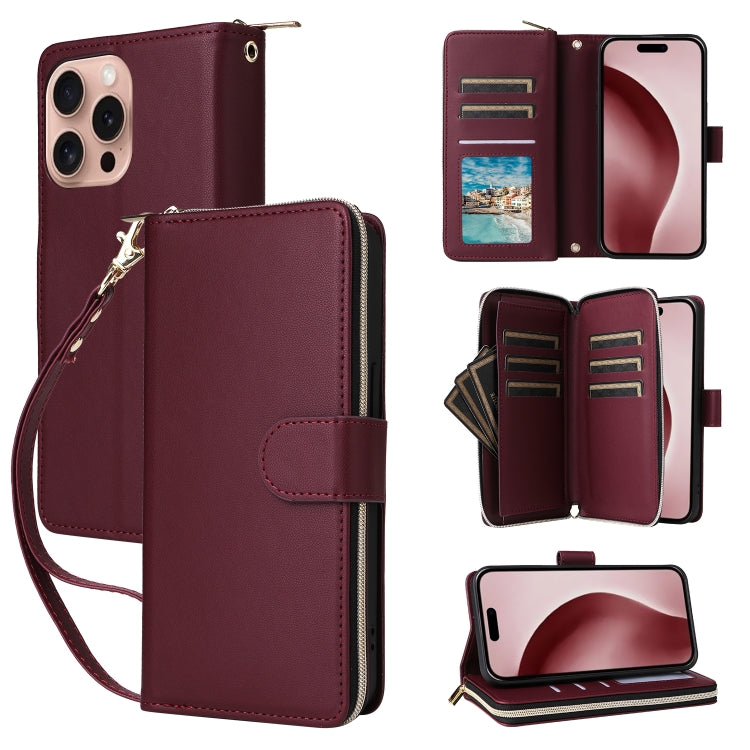 For iPhone 16 Pro Nine-card Slots Zipper Wallet Bag Leather Phone Case(Wine Red) - iPhone 16 Pro Cases by buy2fix | Online Shopping UK | buy2fix