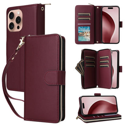 For iPhone 16 Pro Nine-card Slots Zipper Wallet Bag Leather Phone Case(Wine Red) - iPhone 16 Pro Cases by buy2fix | Online Shopping UK | buy2fix