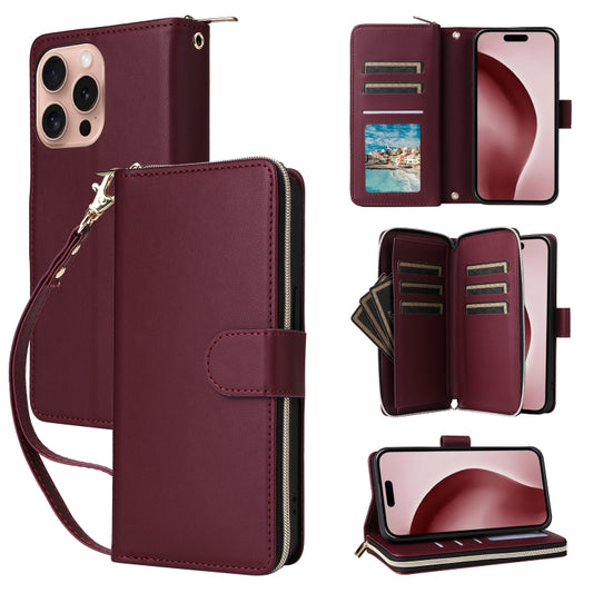 For iPhone 16 Pro Nine-card Slots Zipper Wallet Bag Leather Phone Case(Wine Red) - iPhone 16 Pro Cases by buy2fix | Online Shopping UK | buy2fix