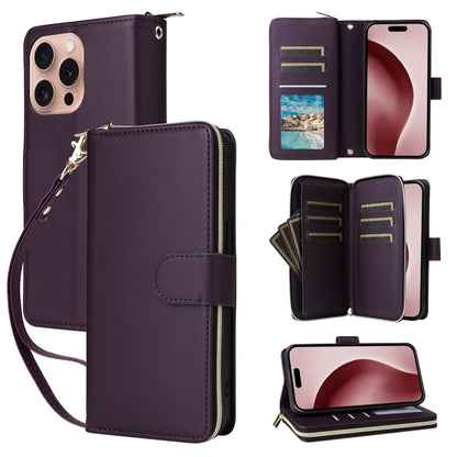 For iPhone 16 Pro Nine-card Slots Zipper Wallet Bag Leather Phone Case(Dark Purple) - iPhone 16 Pro Cases by buy2fix | Online Shopping UK | buy2fix