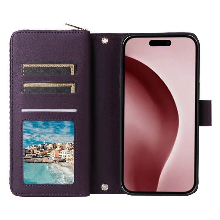 For iPhone 16 Pro Nine-card Slots Zipper Wallet Bag Leather Phone Case(Dark Purple) - iPhone 16 Pro Cases by buy2fix | Online Shopping UK | buy2fix