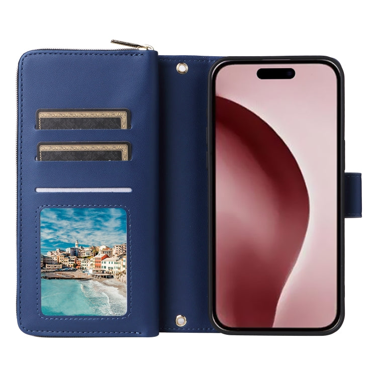 For iPhone 16 Pro Nine-card Slots Zipper Wallet Bag Leather Phone Case(Blue) - iPhone 16 Pro Cases by buy2fix | Online Shopping UK | buy2fix
