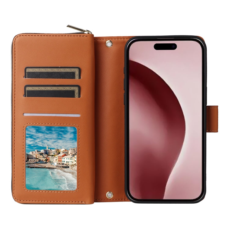 For iPhone 16 Pro Nine-card Slots Zipper Wallet Bag Leather Phone Case(Brown) - iPhone 16 Pro Cases by buy2fix | Online Shopping UK | buy2fix