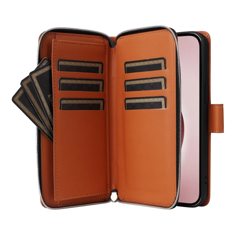 For iPhone 16 Pro Nine-card Slots Zipper Wallet Bag Leather Phone Case(Brown) - iPhone 16 Pro Cases by buy2fix | Online Shopping UK | buy2fix