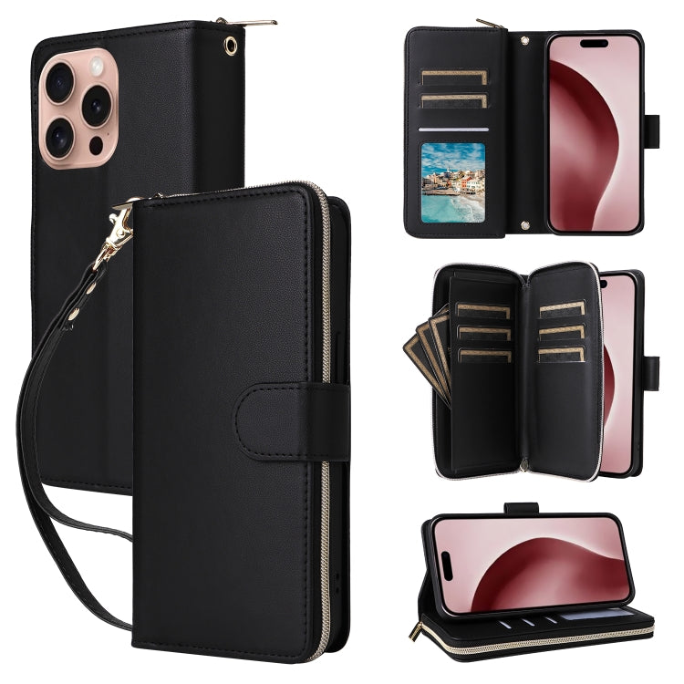 For iPhone 16 Pro Nine-card Slots Zipper Wallet Bag Leather Phone Case(Black) - iPhone 16 Pro Cases by buy2fix | Online Shopping UK | buy2fix