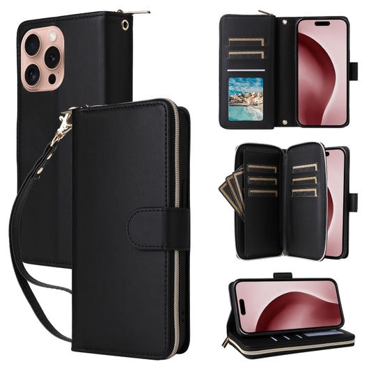 For iPhone 16 Pro Nine-card Slots Zipper Wallet Bag Leather Phone Case(Black) - iPhone 16 Pro Cases by buy2fix | Online Shopping UK | buy2fix