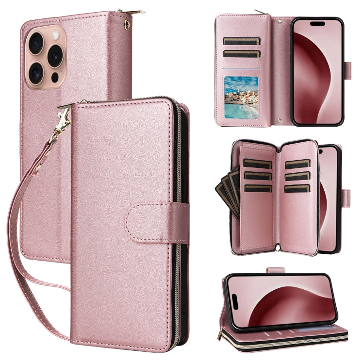 For iPhone 16 Pro Nine-card Slots Zipper Wallet Bag Leather Phone Case(Rose Gold) - iPhone 16 Pro Cases by buy2fix | Online Shopping UK | buy2fix