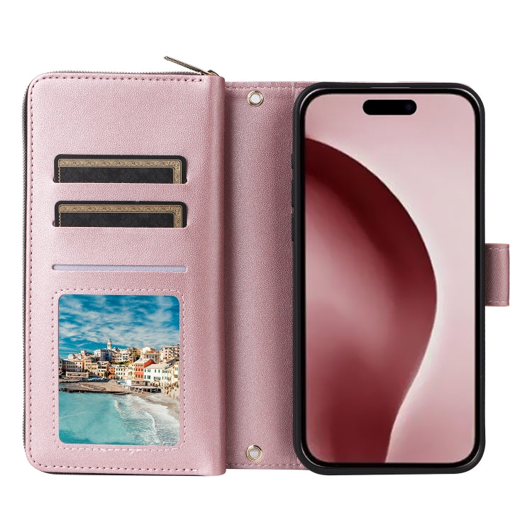 For iPhone 16 Pro Nine-card Slots Zipper Wallet Bag Leather Phone Case(Rose Gold) - iPhone 16 Pro Cases by buy2fix | Online Shopping UK | buy2fix