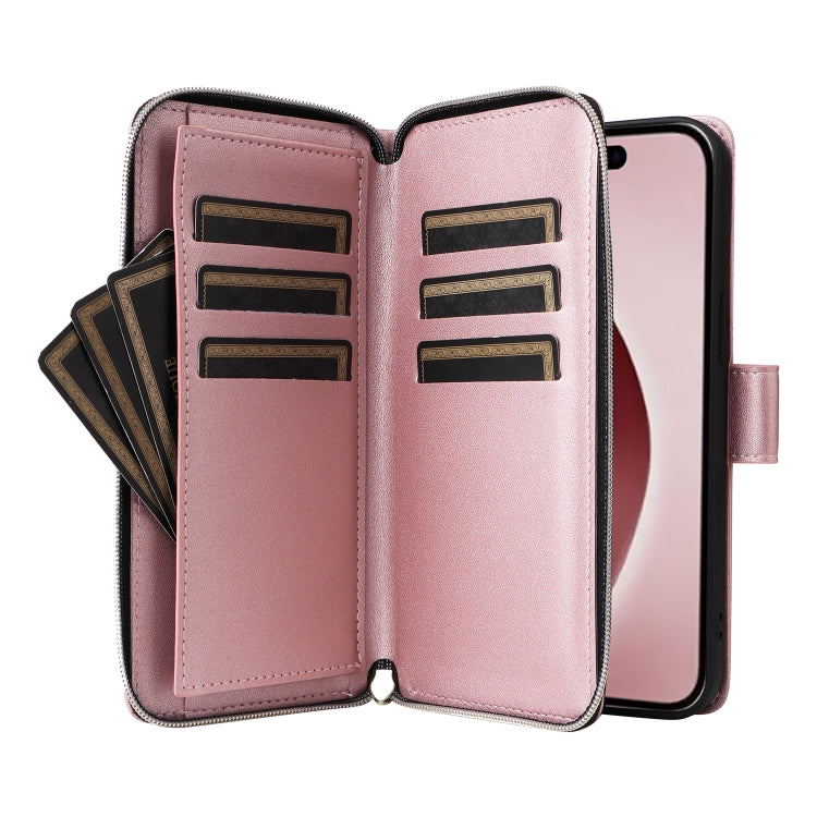 For iPhone 16 Pro Nine-card Slots Zipper Wallet Bag Leather Phone Case(Rose Gold) - iPhone 16 Pro Cases by buy2fix | Online Shopping UK | buy2fix