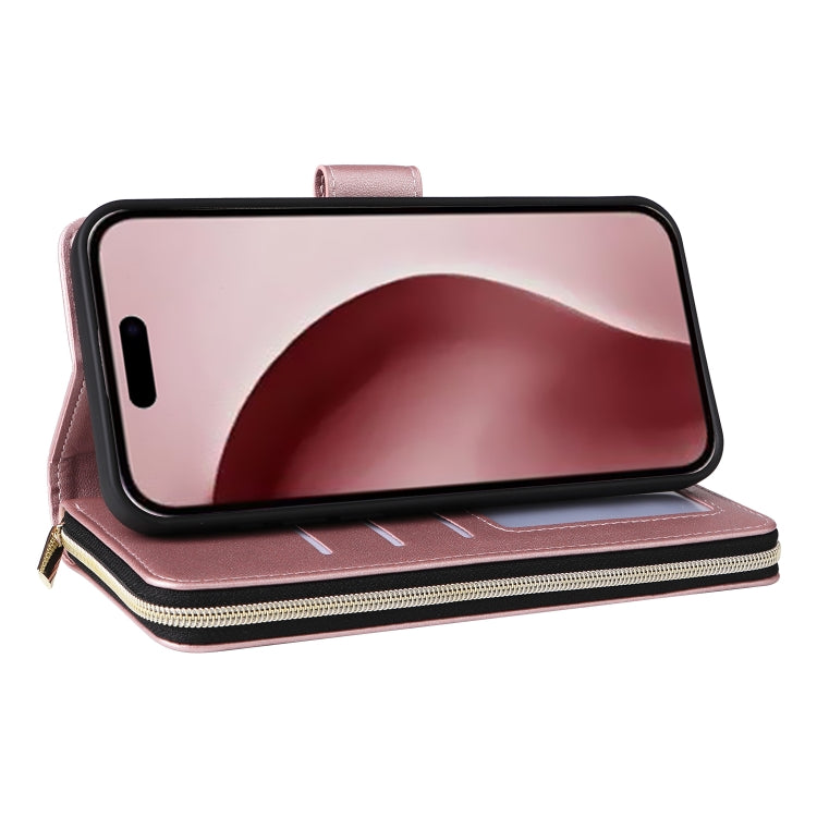 For iPhone 16 Pro Nine-card Slots Zipper Wallet Bag Leather Phone Case(Rose Gold) - iPhone 16 Pro Cases by buy2fix | Online Shopping UK | buy2fix