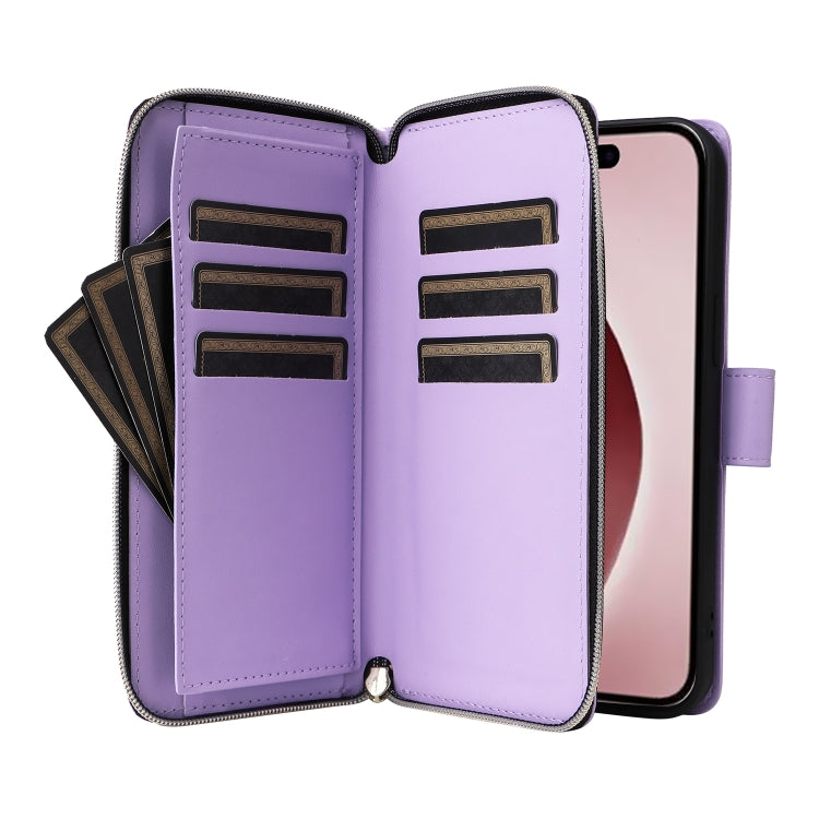 For iPhone 16 Pro Max Nine-card Slots Zipper Wallet Bag Leather Phone Case(Light Purple) - iPhone 16 Pro Max Cases by buy2fix | Online Shopping UK | buy2fix