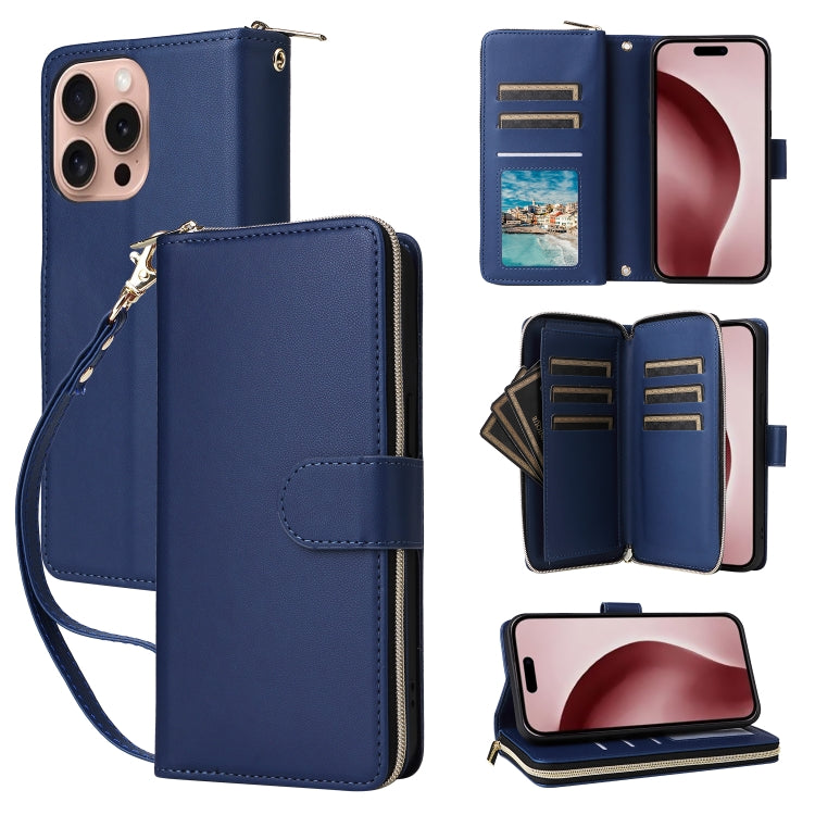 For iPhone 16 Pro Max Nine-card Slots Zipper Wallet Bag Leather Phone Case(Blue) - iPhone 16 Pro Max Cases by buy2fix | Online Shopping UK | buy2fix