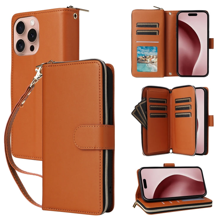 For iPhone 16 Pro Max Nine-card Slots Zipper Wallet Bag Leather Phone Case(Brown) - iPhone 16 Pro Max Cases by buy2fix | Online Shopping UK | buy2fix