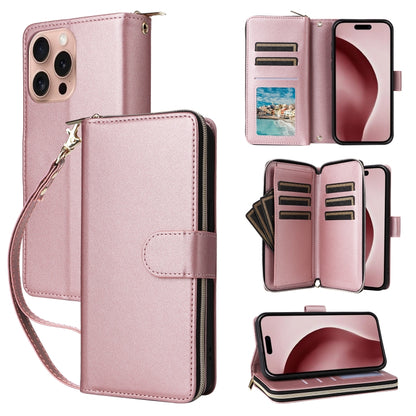 For iPhone 16 Pro Max Nine-card Slots Zipper Wallet Bag Leather Phone Case(Rose Gold) - iPhone 16 Pro Max Cases by buy2fix | Online Shopping UK | buy2fix