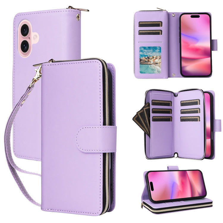 For iPhone 16 Nine-card Slots Zipper Wallet Bag Leather Phone Case(Light Purple) - iPhone 16 Cases by buy2fix | Online Shopping UK | buy2fix