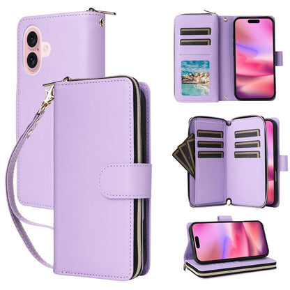 For iPhone 16 Nine-card Slots Zipper Wallet Bag Leather Phone Case(Light Purple) - iPhone 16 Cases by buy2fix | Online Shopping UK | buy2fix