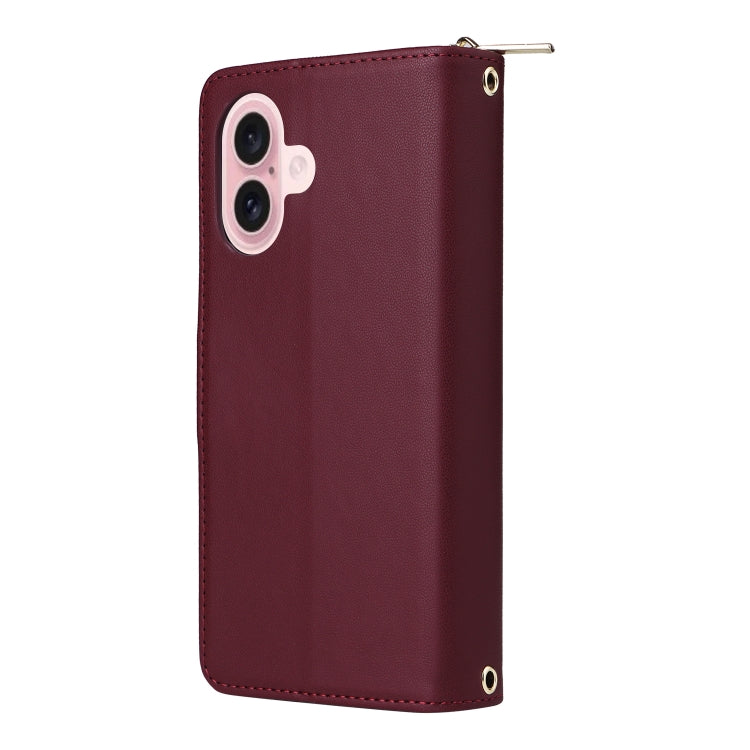 For iPhone 16 Nine-card Slots Zipper Wallet Bag Leather Phone Case(Wine Red) - iPhone 16 Cases by buy2fix | Online Shopping UK | buy2fix