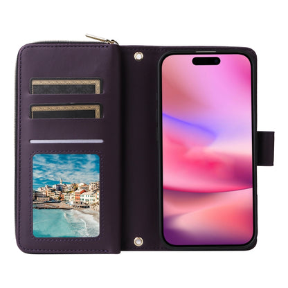 For iPhone 16 Nine-card Slots Zipper Wallet Bag Leather Phone Case(Dark Purple) - iPhone 16 Cases by buy2fix | Online Shopping UK | buy2fix