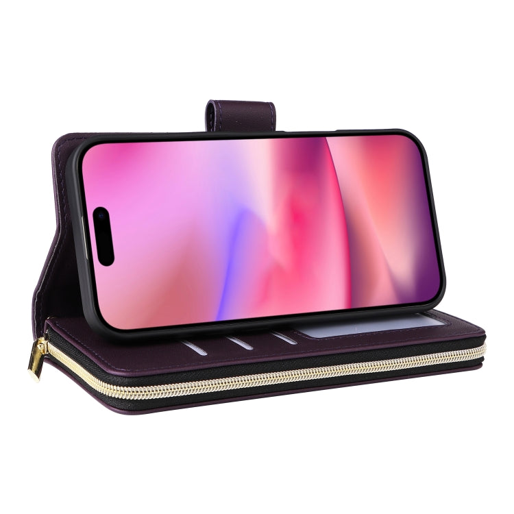 For iPhone 16 Nine-card Slots Zipper Wallet Bag Leather Phone Case(Dark Purple) - iPhone 16 Cases by buy2fix | Online Shopping UK | buy2fix